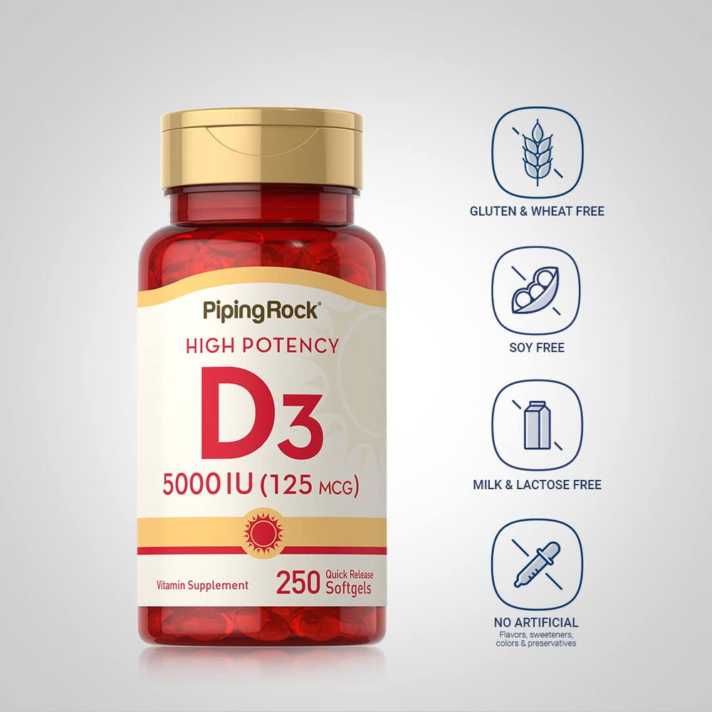 Piping Rock open bottle with 250 softgels highlighting long-lasting supply