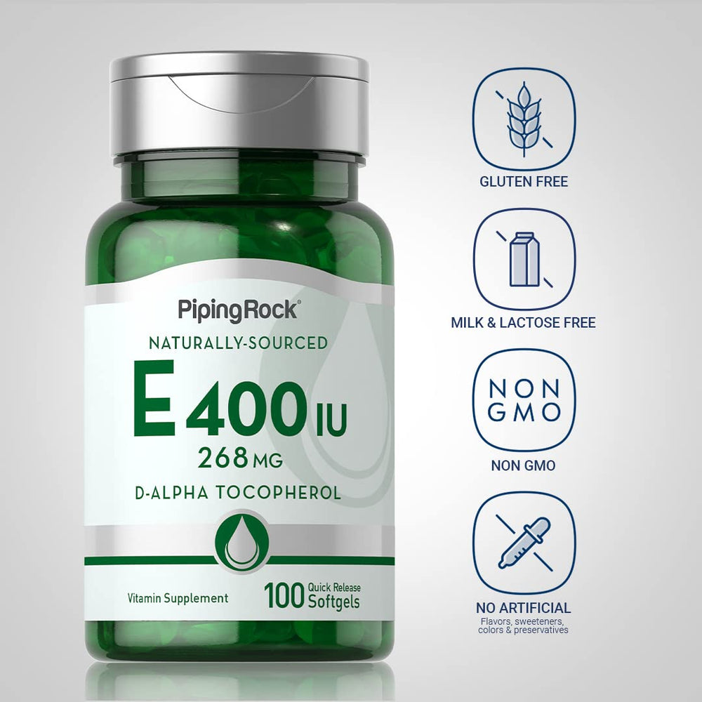 Close-up of Vitamin E 400 IU softgels capsules