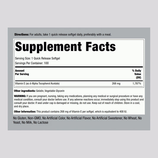 Piping Rock Vitamin E 400 IU Softgels label