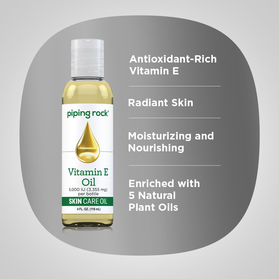 Piping Rock Vitamin E oil on skin, showing smooth texture and quick absorption benefit