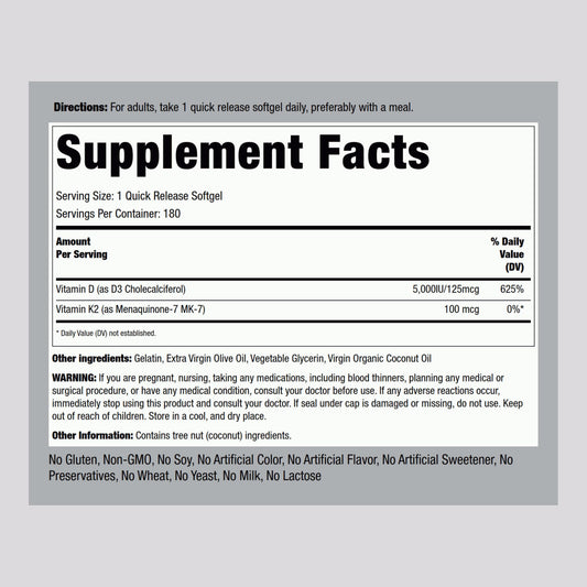 Back label showing supplement facts on Piping Rock Vitamin K2 D3 MK7 bottle