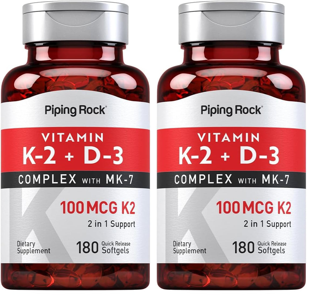 Piping Rock Vitamin K2 D3 MK7 – 100 mcg K2, 180 Softgels (Pack of 2 ...