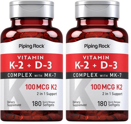 Front view of Piping Rock Vitamin K2 D3 MK7 bottle with 180 softgels, pack of 2