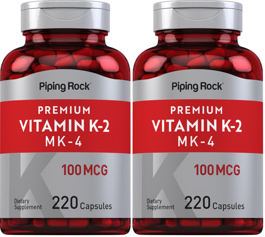 Piping Rock Vitamin K2 MK4 100 mcg supplement bottle and packaging