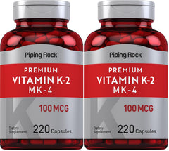 Piping Rock Vitamin K2 MK4 100 mcg supplement bottle and packaging