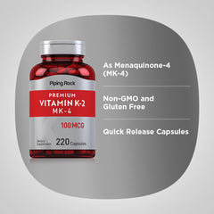 Nutrition facts panel for Piping Rock Vitamin K2 MK4 100 mcg