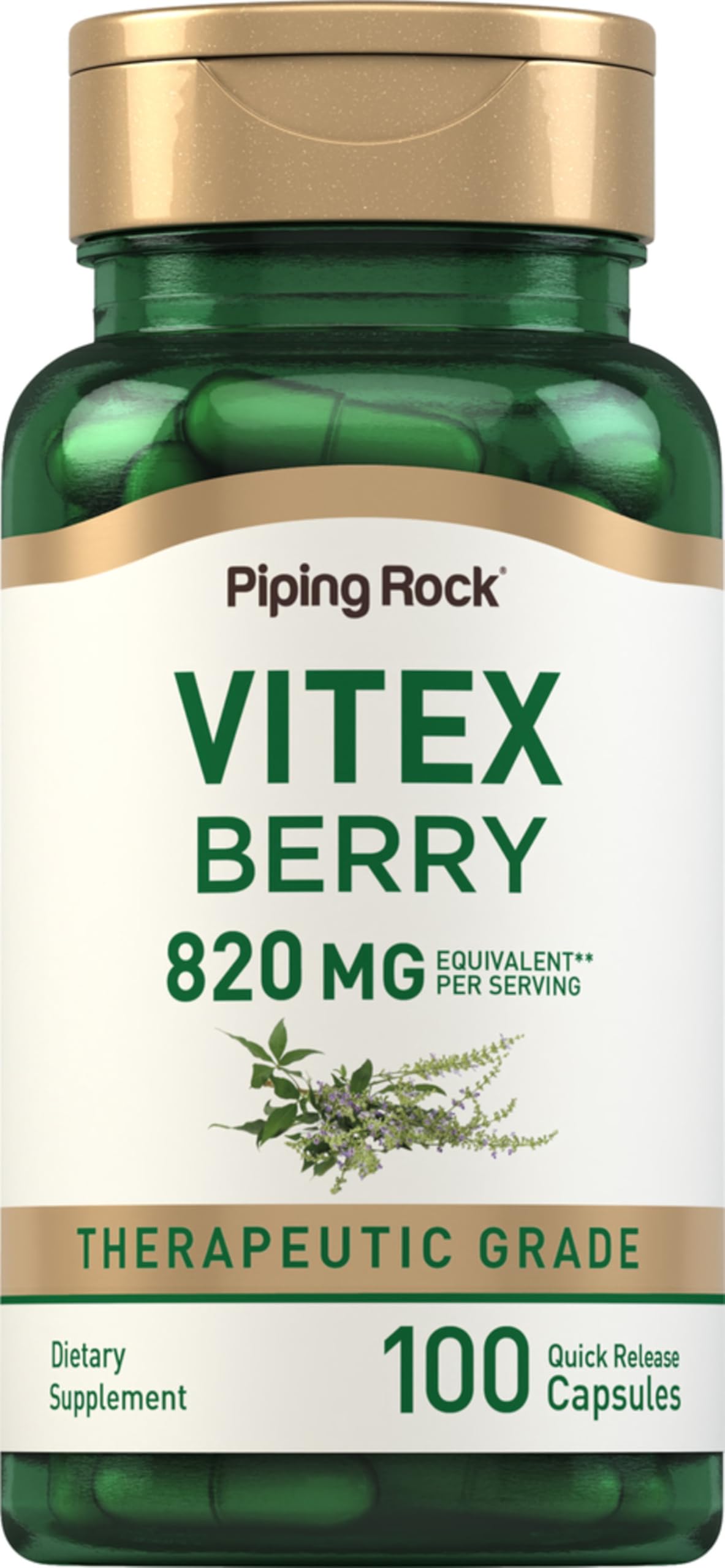 Piping Rock front packaging of vitex chasteberry showing bottle and cap, clear branding and count