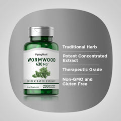 Piping Rock wormwood bottle beside ruler for scale and long-lasting 200-count value