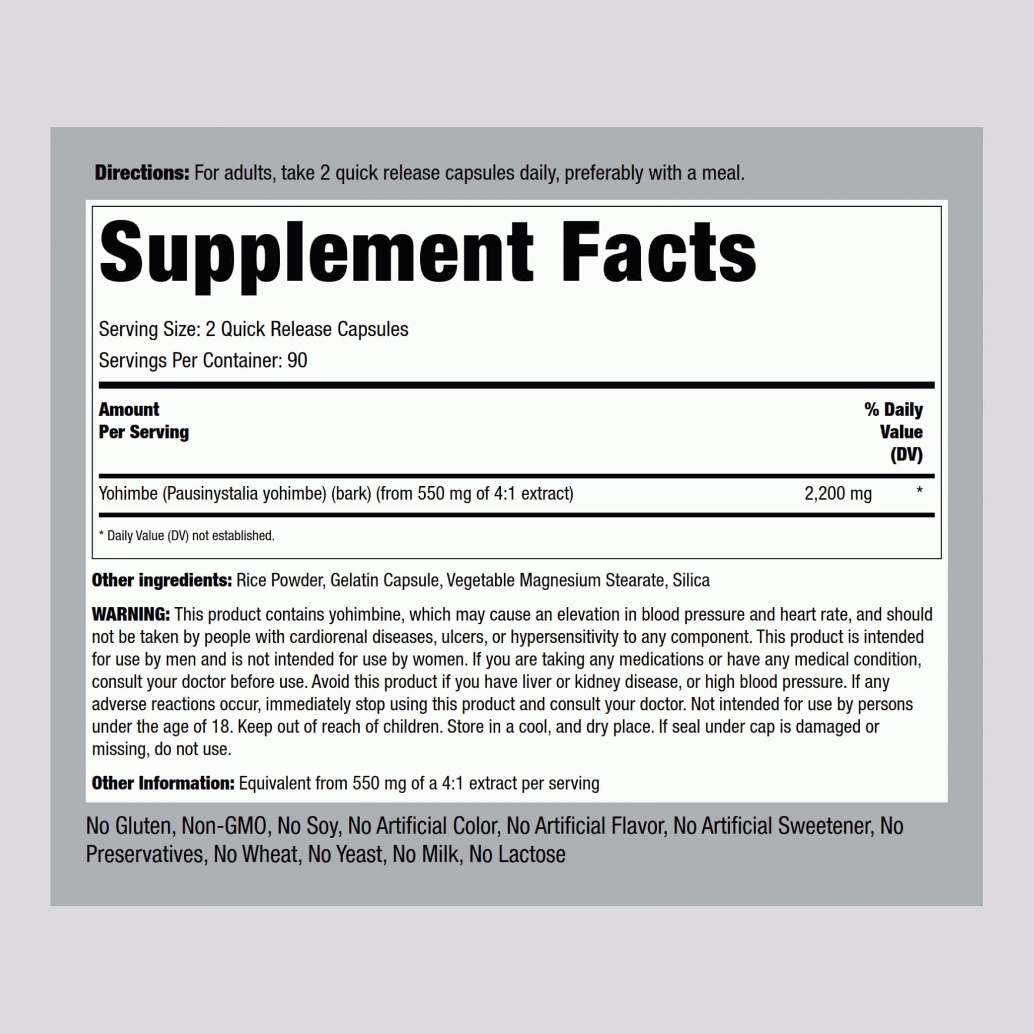 Front view of Piping Rock Yohimbe 2200 mg supplement bottle