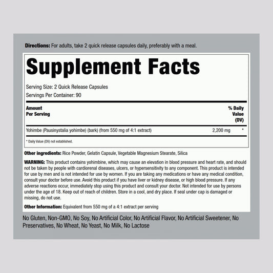 Front view of Piping Rock Yohimbe 2200 mg supplement bottle