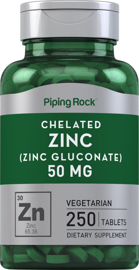 Piping Rock bottle front view showing zinc 50mg label and benefits