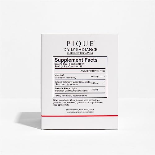 Single PIQUE liposomal Vitamin C + Elderberry packet on white background