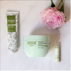 Pistaché Skincare Lip balm with natural background for use context