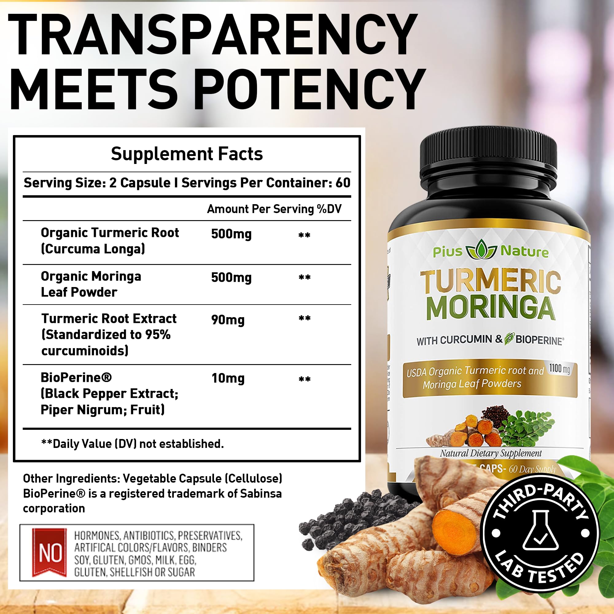 Organic turmeric root powder and moringa leaf powder ingredients