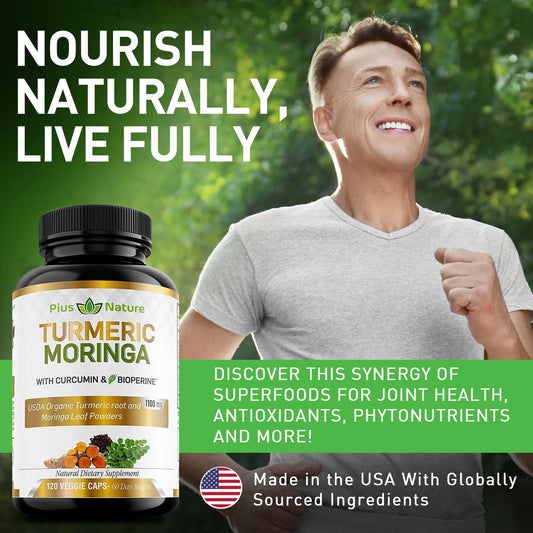 PIUS NATURE Turmeric Moringa capsules showing 1100 mg serving