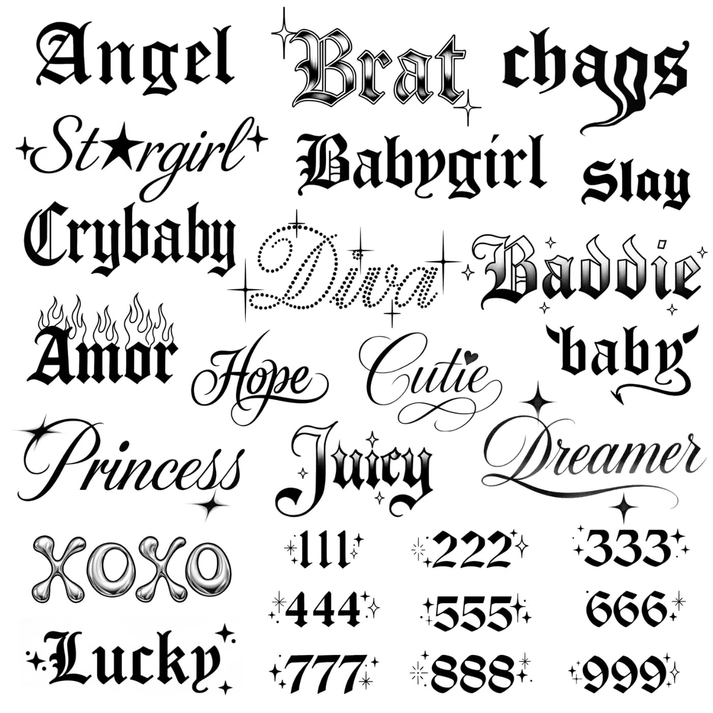 Pixel Hearts Sassy Script Angel Numbers tattoo design for stylish, non-permanent body art.