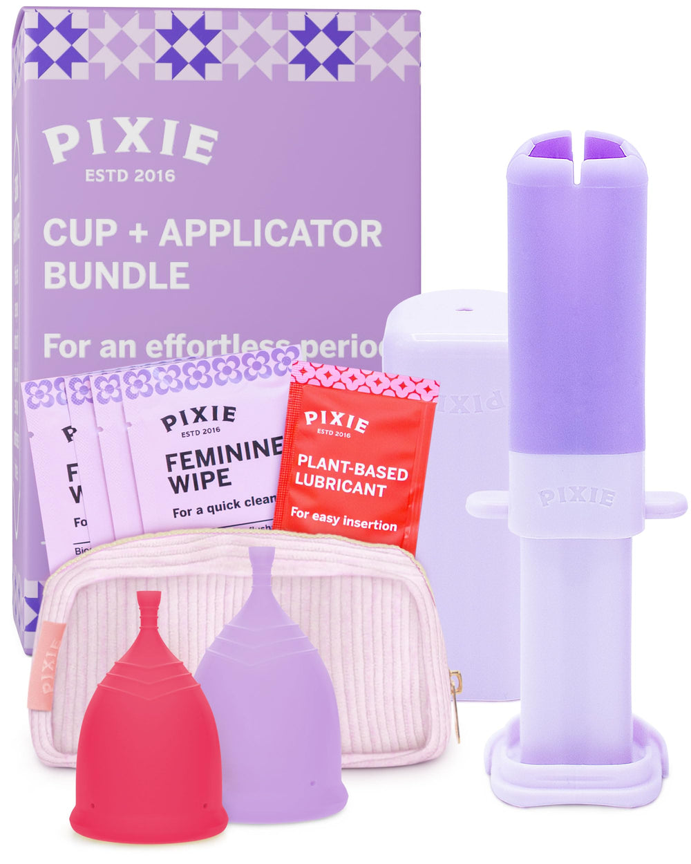 Pixie Cup bundle package showing two cups and applicator for flexible period management.