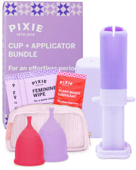 Pixie Cup bundle package showing two cups and applicator for flexible period management.