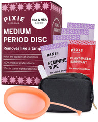 Pixie Cup Pixie Disc coral medium packaging shows travel-ready reusable period care.