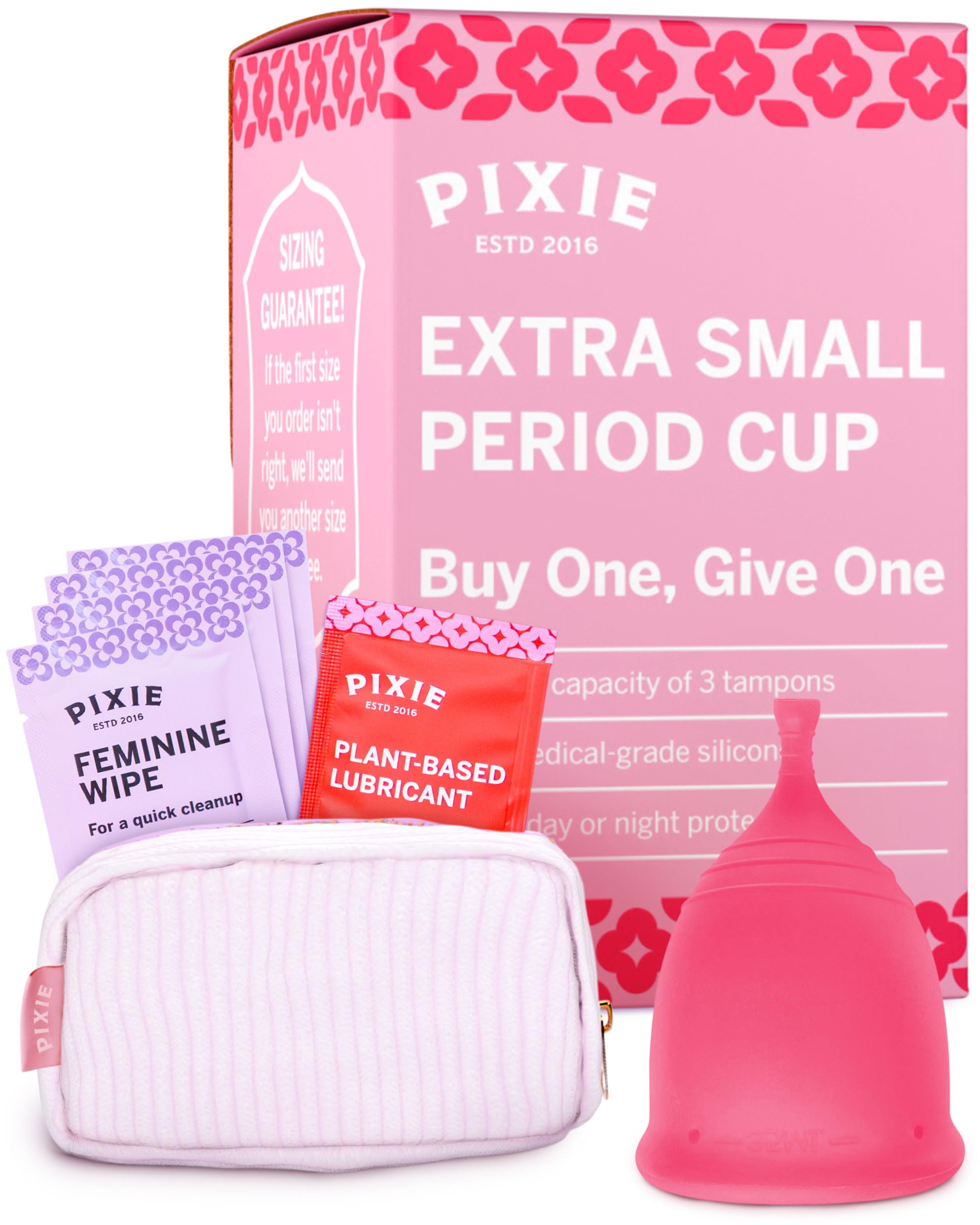Pixie Cup extra-small package demonstrates the discreet, reusable design for first-time users.