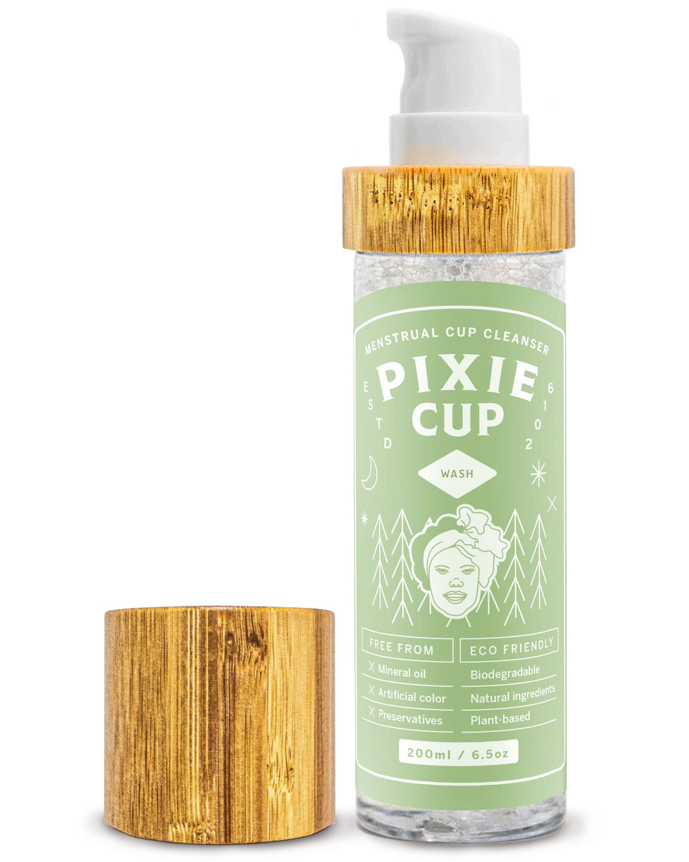 Pixie Cup feminine wash foaming-pump demonstrates gentle cleansing for sensitive skin.