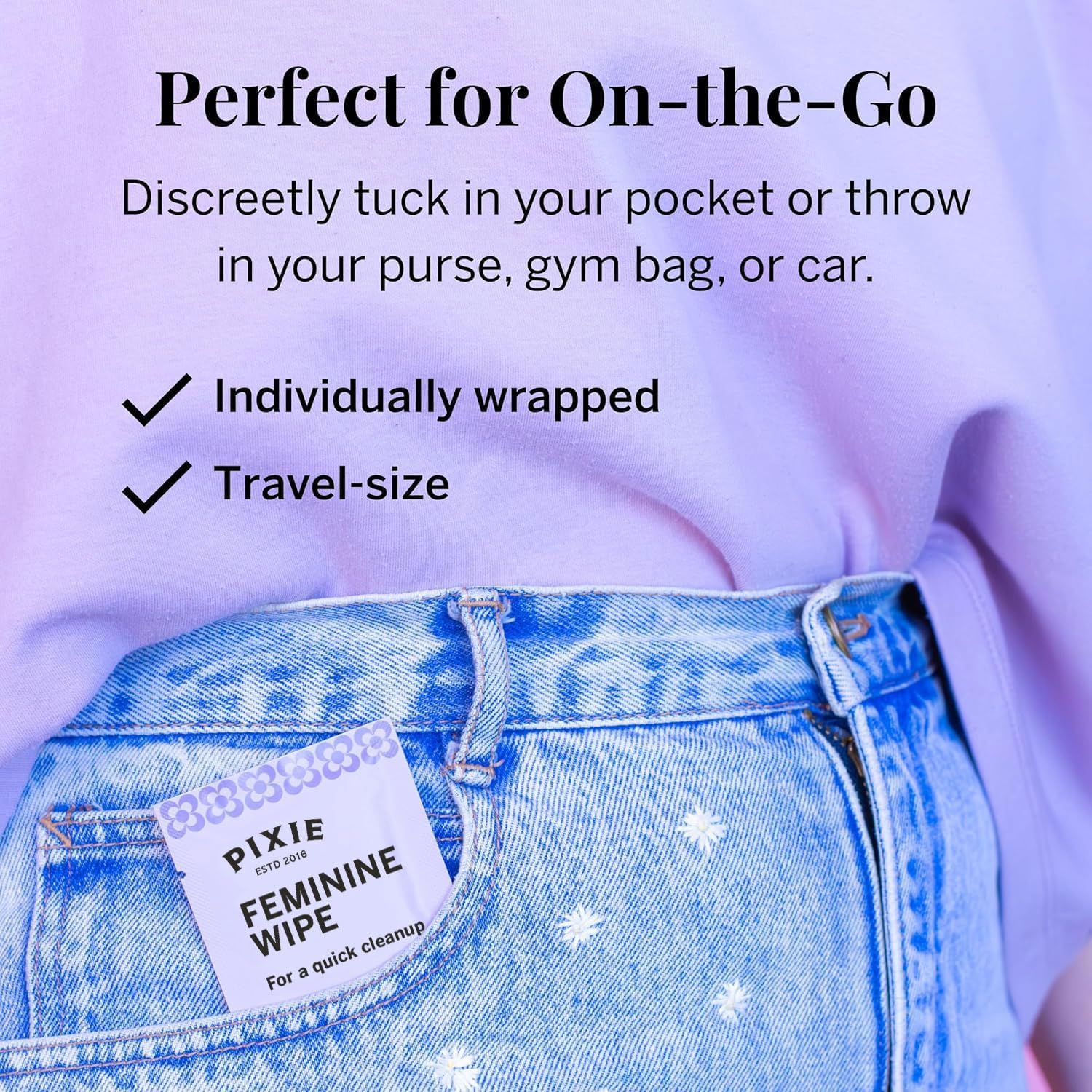 Pixie Cup feminine wipes biodegradable flushable feature supports planet-friendly disposal.