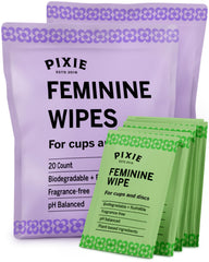 Pixie Cup feminine wipes pack closeup for on-the-go cleansing.