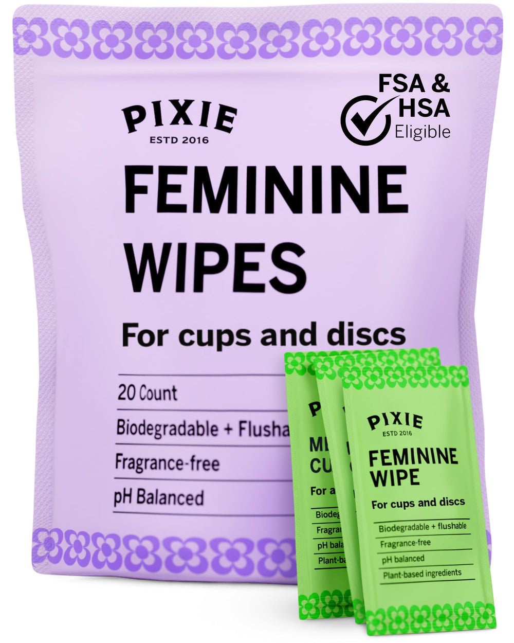 Pixie Cup feminine wipes packaging demonstrates eco-friendly design for on-the-go cleanliness.