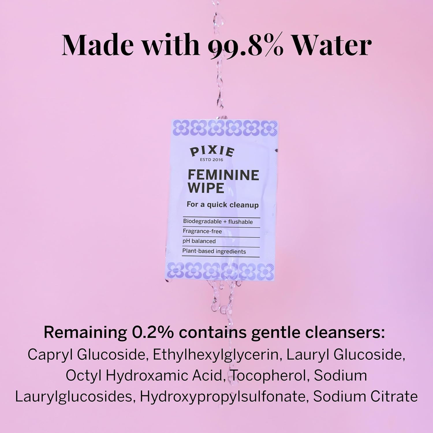 Pixie Cup feminine wipes three-year shelf-life communicates durable storage.