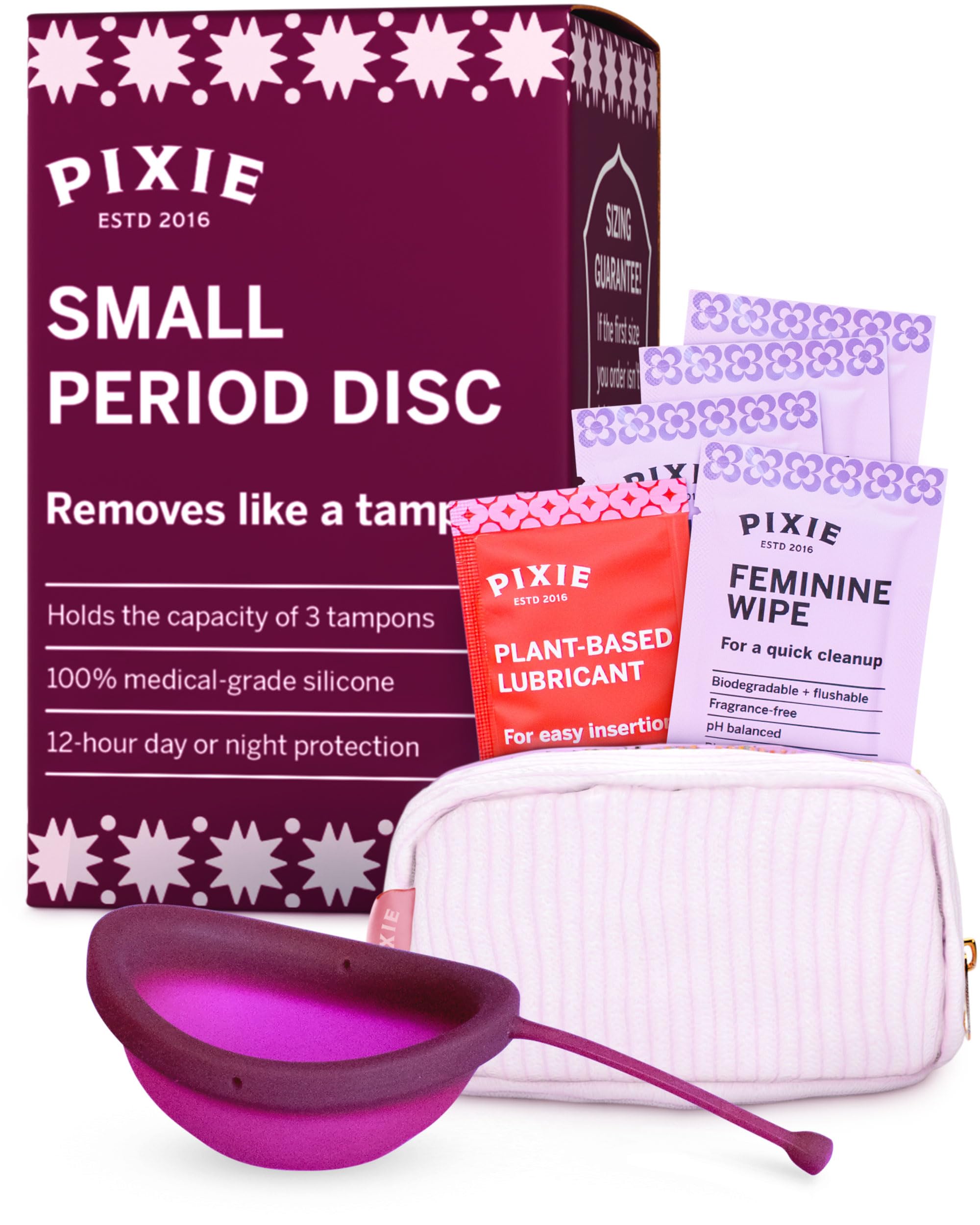 Pixie Cup period disc packaging highlighting eco-friendly design.