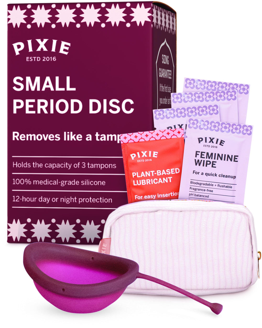 Pixie Cup period disc packaging highlighting eco-friendly design.