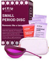 Pixie Cup period disc packaging highlighting eco-friendly design.