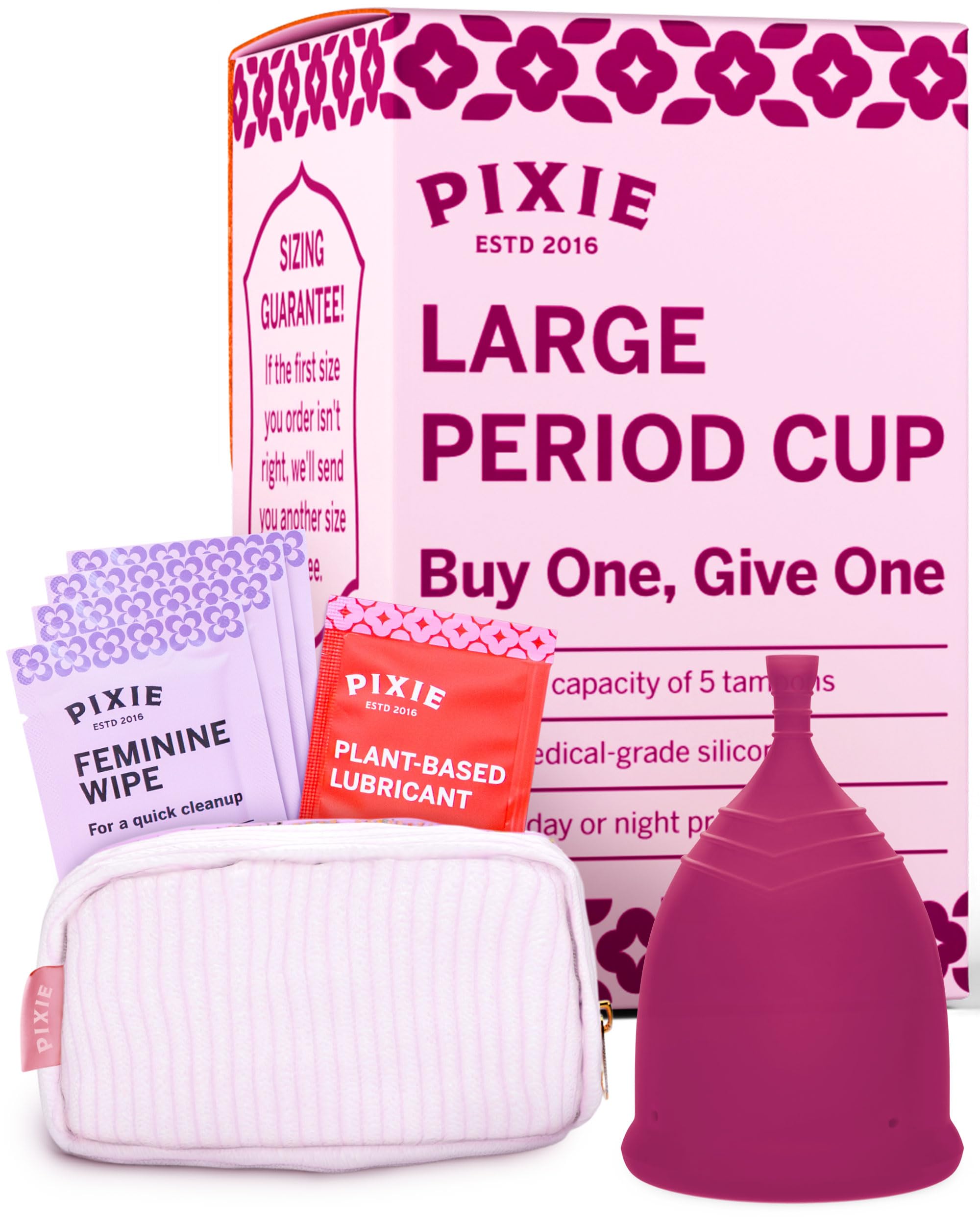 Pixie Cup Plum Large packaging highlights eco-friendly menstrual care and reuse.