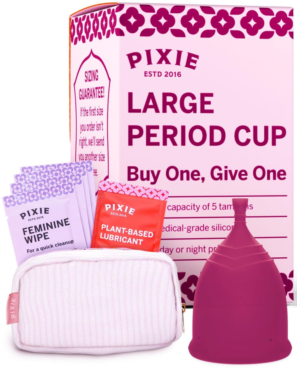 Pixie Cup Plum Large packaging highlights eco-friendly menstrual care and reuse.