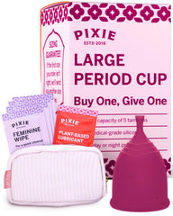 Pixie Cup Plum Large packaging highlights eco-friendly menstrual care and reuse.