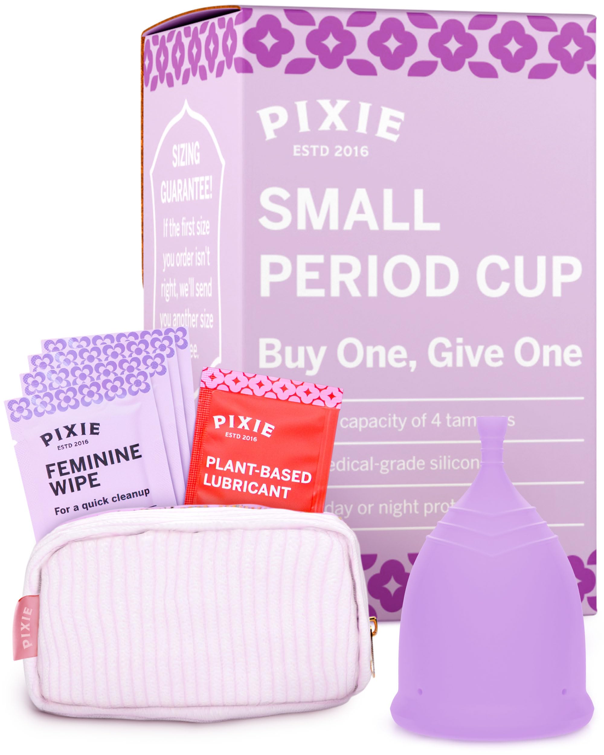 Pixie Cup purple small in use demonstrates comfortable daily wear with leak-free performance.
