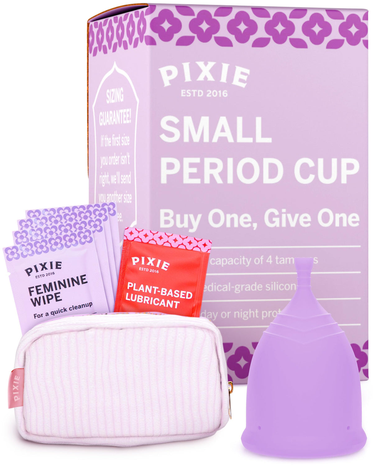 Pixie Cup purple small in use demonstrates comfortable daily wear with leak-free performance.