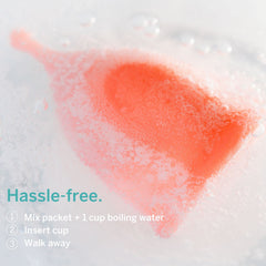 Hot water dissolves Pixie Cup Stain Remover creating a cleaning solution for discs.