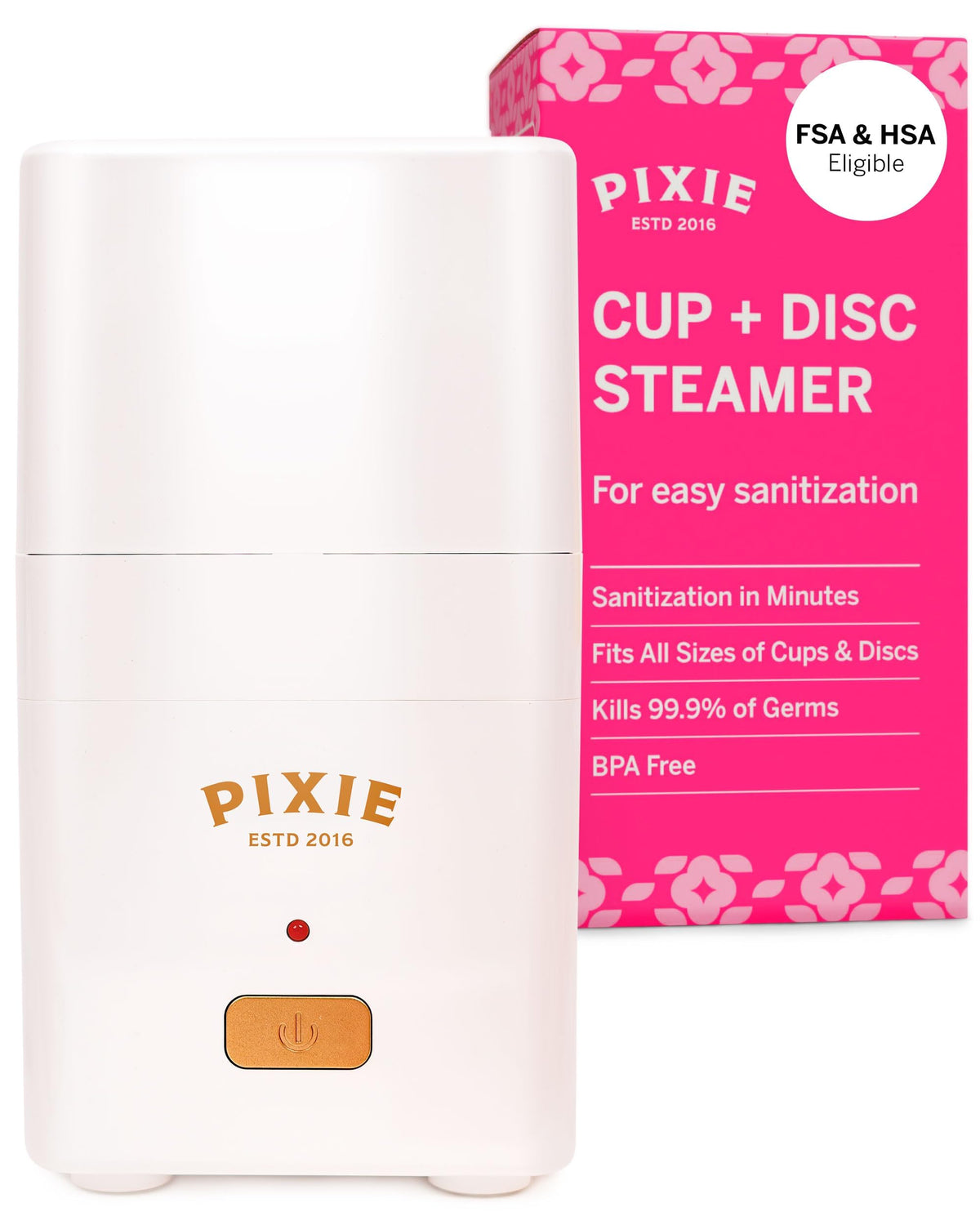 Pixie Cup steam cleaner front view showing compact home-ready design for quick cleaning