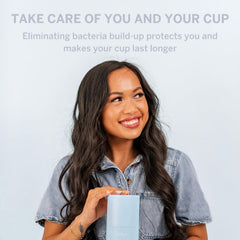 Pixie Cup sterilizer on countertop demonstrates quick, chemical-free sanitization.