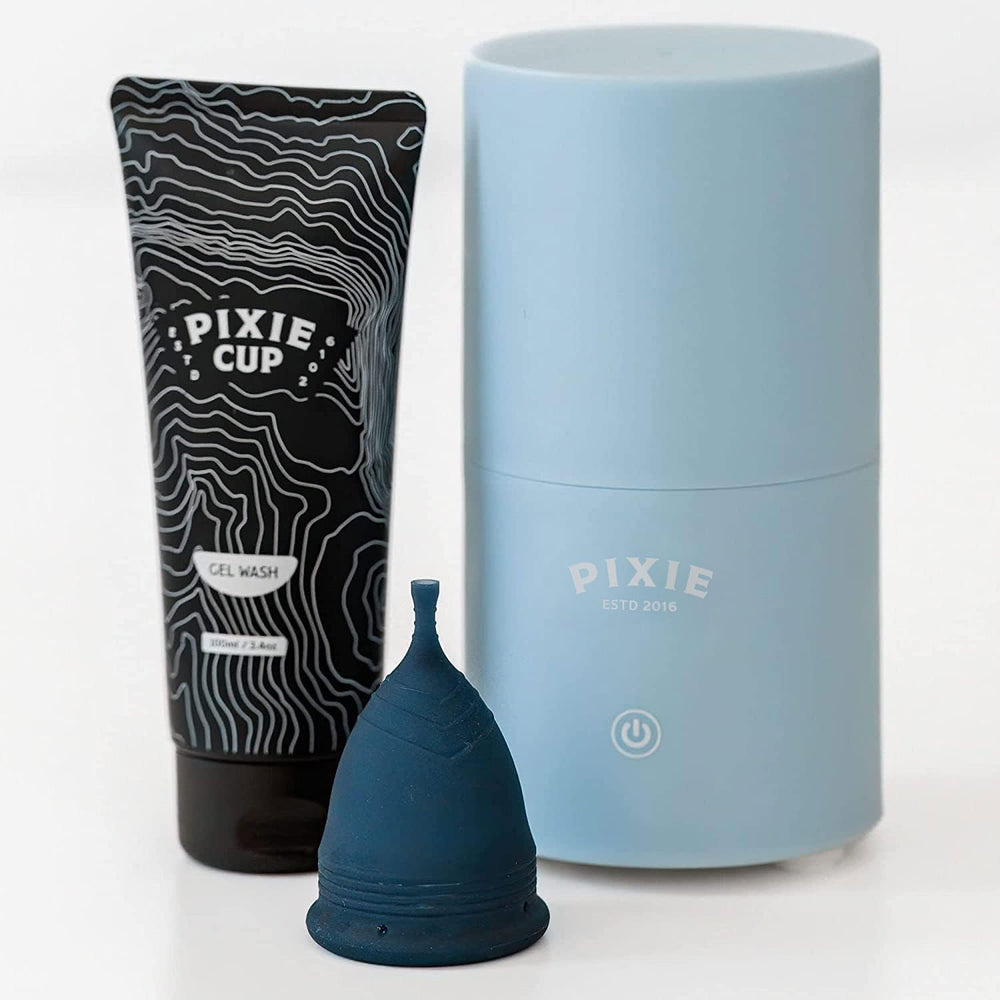 Pixie Cup sterilizer customer-service-guarantee badge signals trusted support.