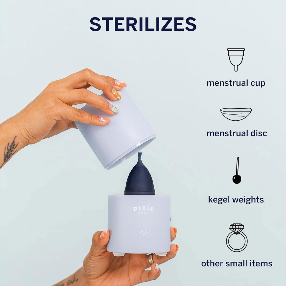 Pixie Cup sterilizer power button demonstrates easy on-off control for busy days.