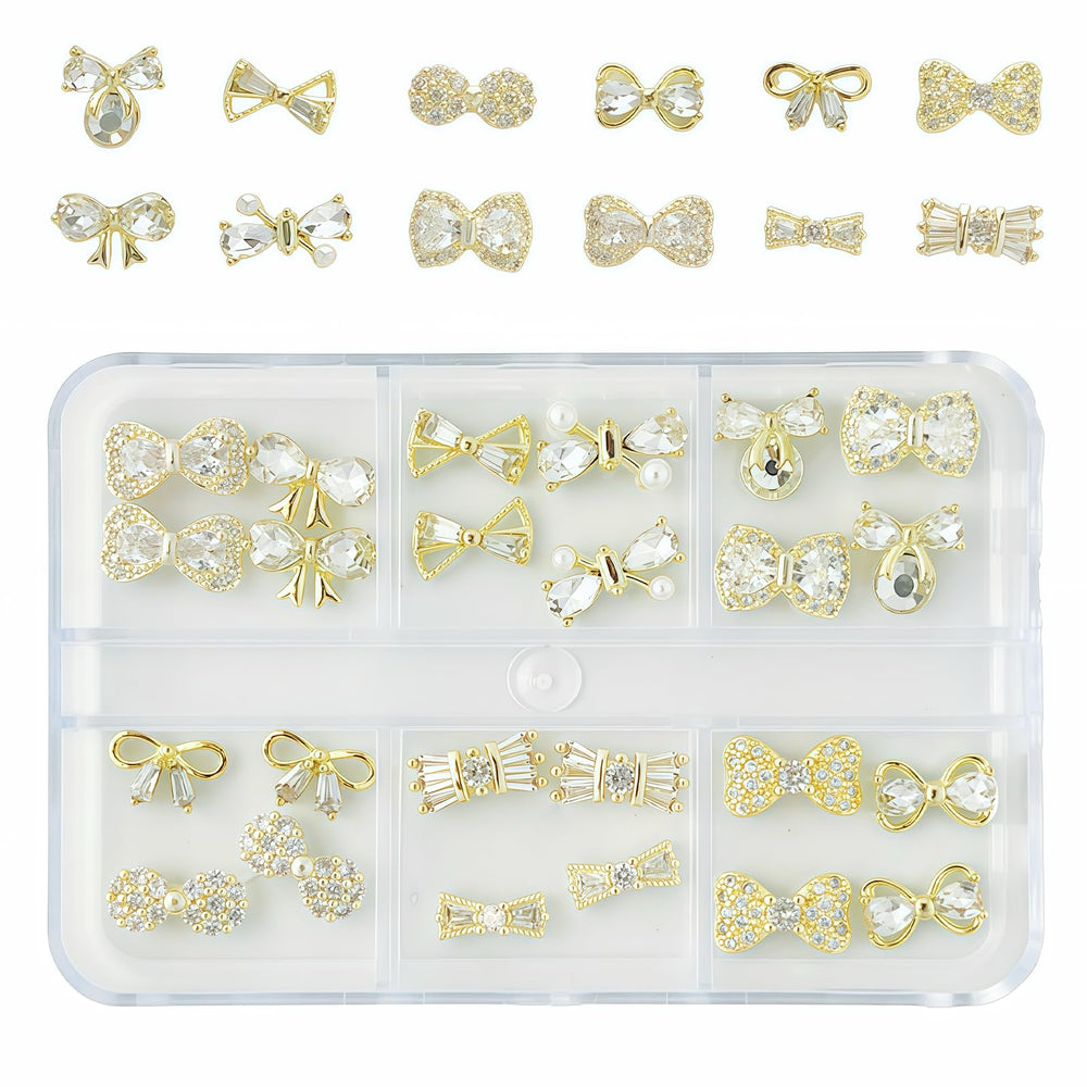 Pizadix gold bow nail charms add subtle luxury to everyday manicures.