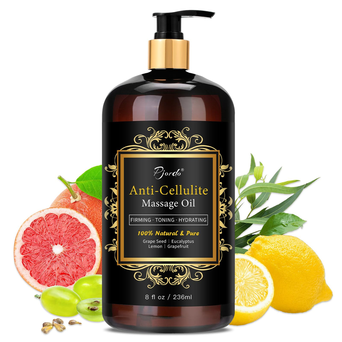 Pjordo Anti Cellulite Massage Oil bottle on white background