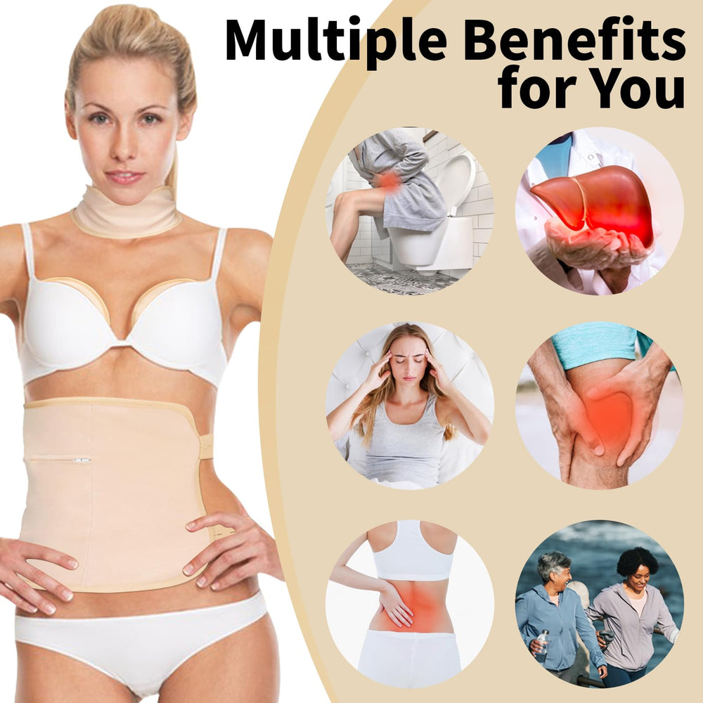 Model wearing castor oil pack around abdomen