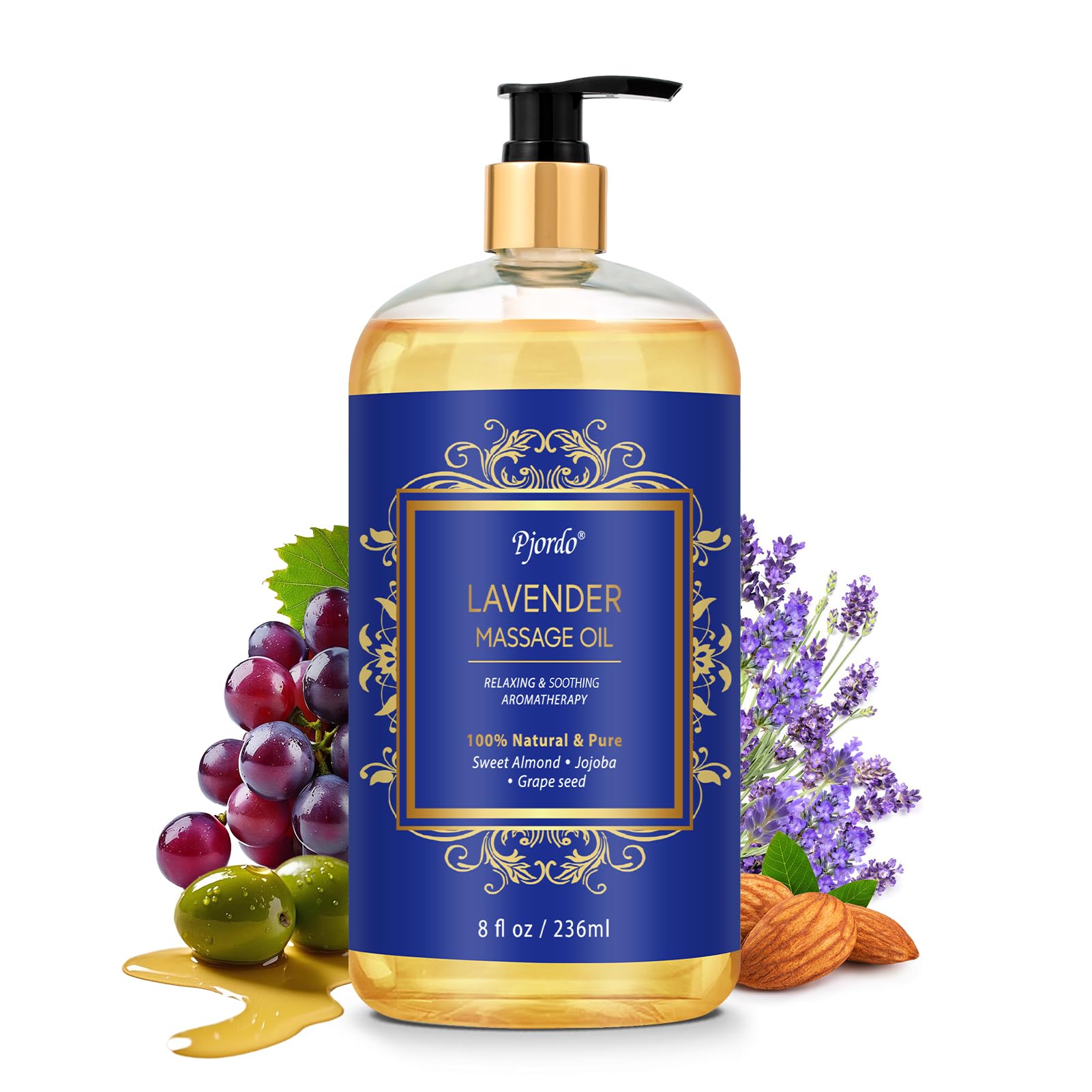 Pjordo Lavender Massage Oil bottle with lavender flowers