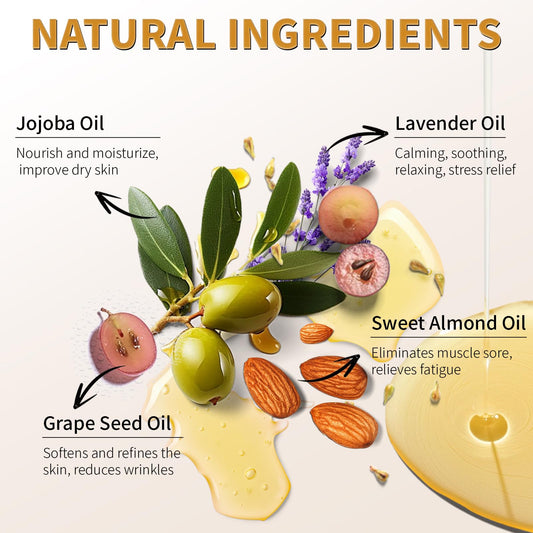Close-up of lavender essential oil, jojoba oil, and sweet almond oil
