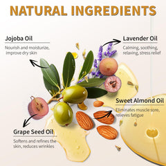 Close-up of lavender essential oil, jojoba oil, and sweet almond oil