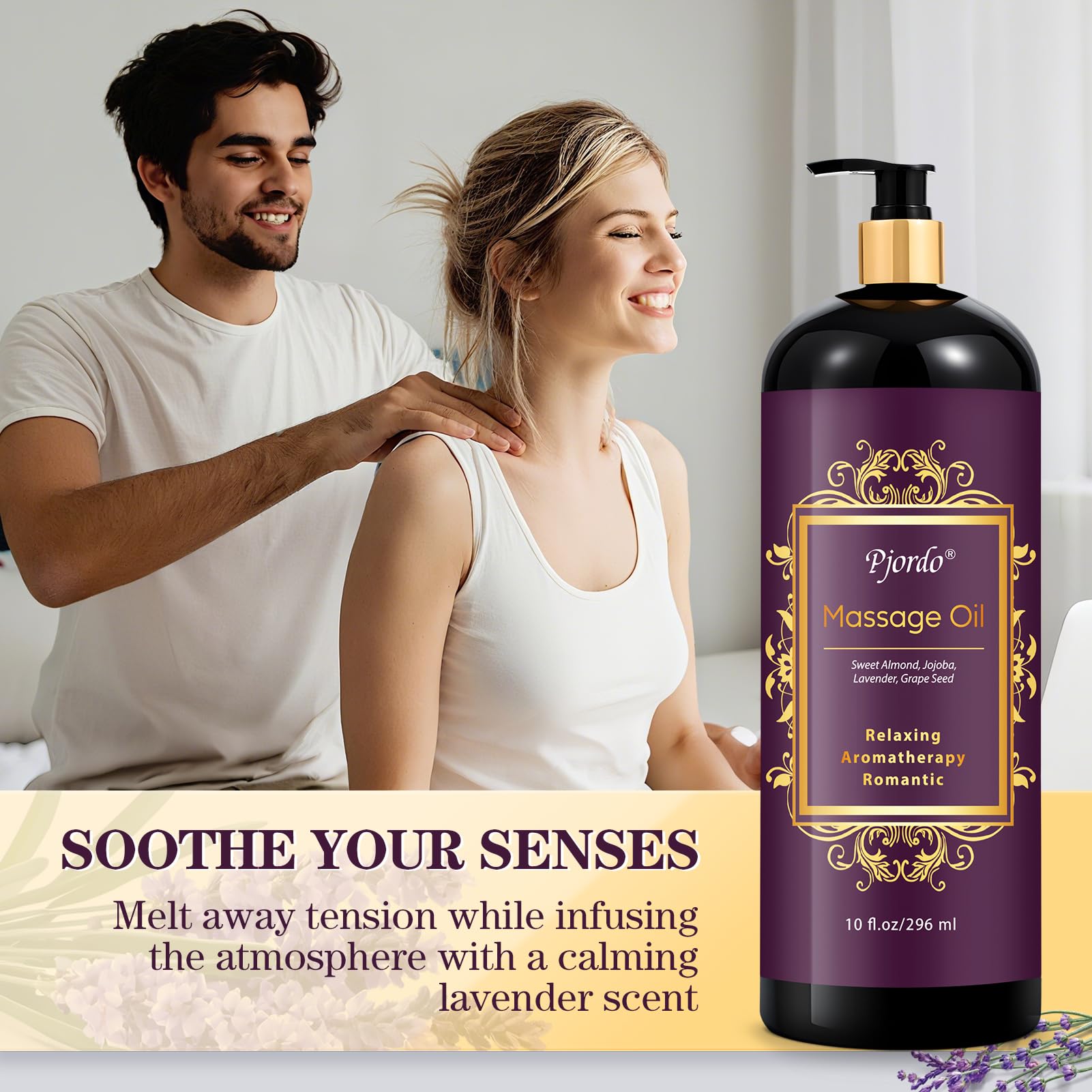Lavender massage oil bottle showcased for relaxing massages