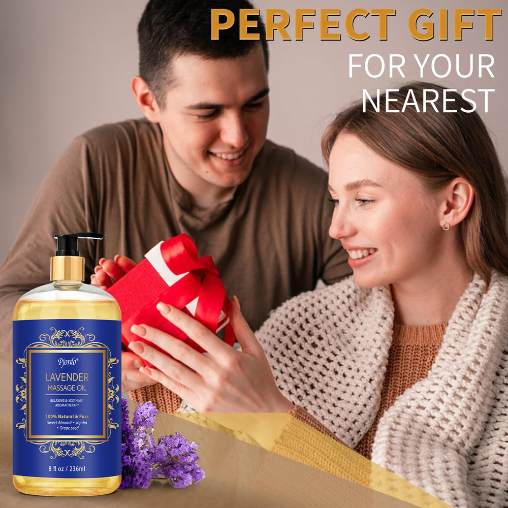 Pjordo Lavender Massage Oil packaging and spa scene